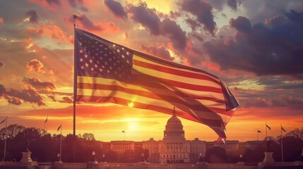 USA America flag at sunset on Washington DC - obrazy, fototapety, plakaty