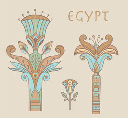 Egyptian floral colorful design element set isolated on white. Lotus flower, vector sign, symbol, logo illustration. Spirituality, occultism, chemistry, flower tattoo. - 775859048