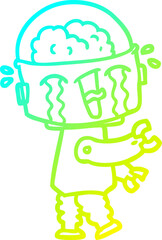 cold gradient line drawing of a cartoon crying robot
