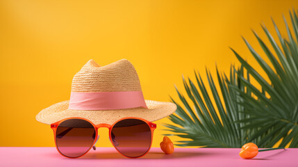 Pink Sunglasses Resting on a Straw Hat with Orange Accents