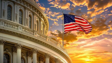 USA America flag at sunset on Washington DC - obrazy, fototapety, plakaty