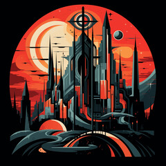 Illustration of Barad-Dur Fortress, Eye of Sauron in abstract geometric cubism style