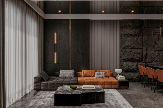 Modern living room interior with black scheme