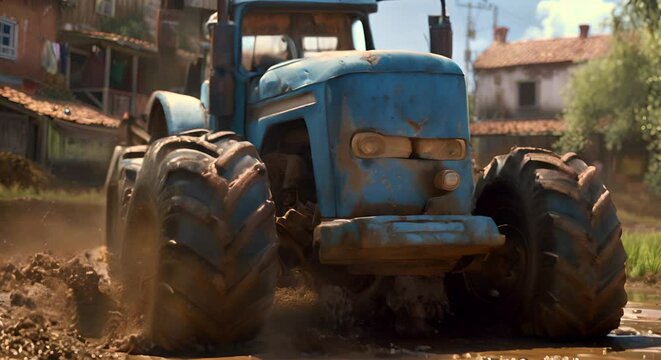 Animated Countryside Adventure with Farm Animals and Tractor. Engaging animated video of a lively farm scene, featuring playful animals and a bright blue tractor, set in a quaint rural landscape.