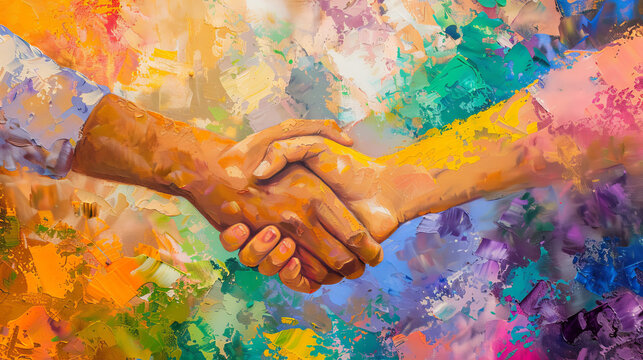 A close-up view of a handshake set against an abstract background with a beautiful array of paint textures and colors