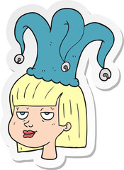 sticker of a cartoon woman wearing jester hat