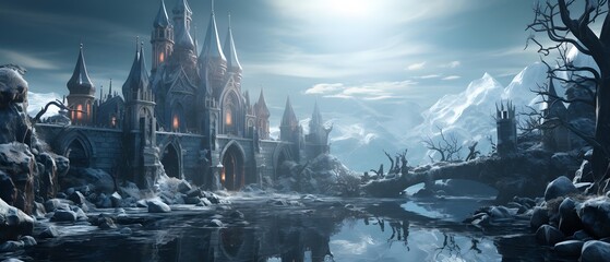 Fantasy winter landscape with castle and lake. Panoramic banner