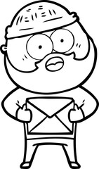 cartoon surprised bearded man holding letter