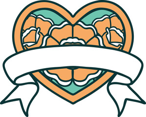 iconic tattoo style image of a heart and banner with flowers