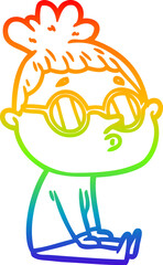 rainbow gradient line drawing of a cartoon woman wearing glasses