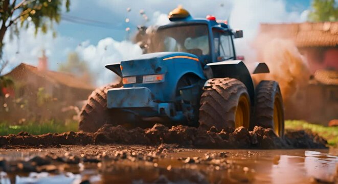 nimated Countryside Adventure with Farm Animals and Tractor. Engaging animated video of a lively farm scene, featuring playful animals and a bright blue tractor, set in a quaint rural landscape.
