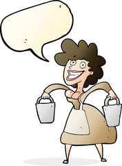 cartoon milkmaid carrying buckets with speech bubble