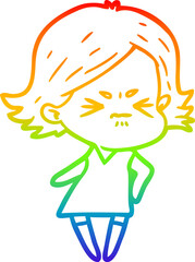 rainbow gradient line drawing of a cartoon angry woman