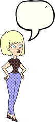 freehand drawn comic book speech bubble cartoon woman with hands on hips