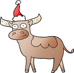 hand drawn gradient cartoon of a bull wearing santa hat