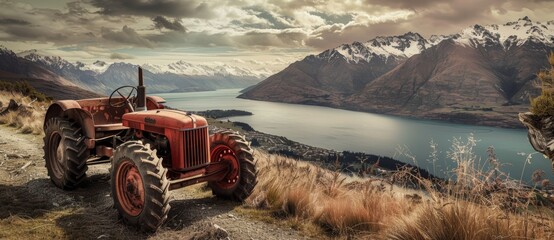 old tractor mountain landscape beautiful
