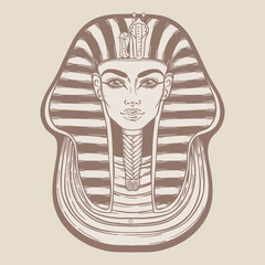King Tutankhamun mask, ancient Egyptian pharaoh. Hand-drawn vintage vector outline illustration. Tattoo flash, t-shirt or poster design, postcard, coloring book page. Egypt history. - 775860064
