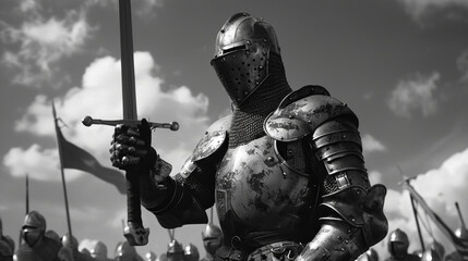 A monochrome depiction of a knight poised with sword against a backdrop of a battlefield, evoking valor and history