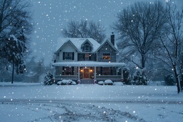 Snow-Covered Home Illuminated Against Winter Night