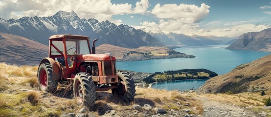 old tractor mountain landscape beautiful