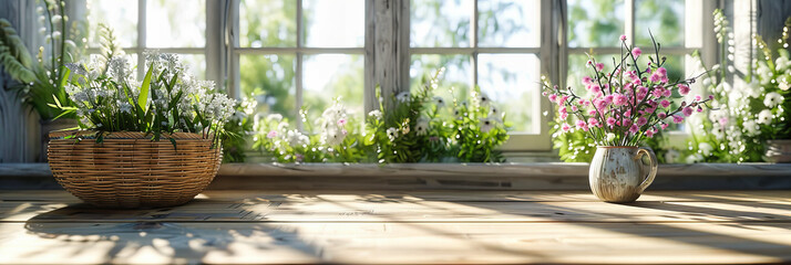 Fresh and Vibrant Windowsill Garden, Bright Flowers and Greenery Bringing Life to the Room