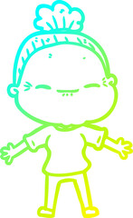 cold gradient line drawing of a cartoon peaceful old woman