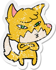 distressed sticker of a clever cartoon fox