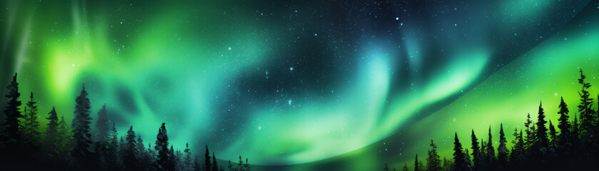 A green and blue sky with a beautiful aurora borealis - obrazy, fototapety, plakaty