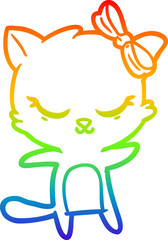 rainbow gradient line drawing of a cute cartoon cat with bow