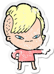 distressed sticker of a cute cartoon girl with hipster haircut