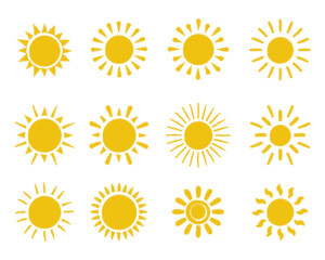 Yellow sun star icons collection. Summer, sunlight, nature, sky. Hand drawn style illustration set. PNG. 