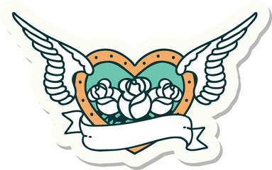 sticker of tattoo in traditional style of a flying heart with flowers and banner