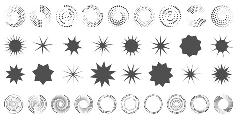 Set star burst sticker. Round halftone frame. Dotted circle, vintage abstract dot halftones frames and random dots circles. PNG