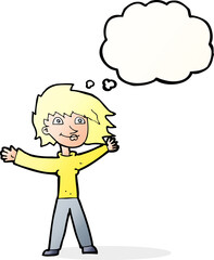 cartoon excited woman waving with thought bubble