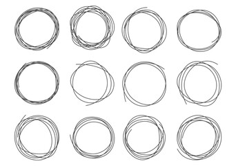 Hand drawn circle line sketch set. Vector circular scribble doodle round circles for message note mark design element. Pencil or pen graffiti bubble or ball draft illustration.