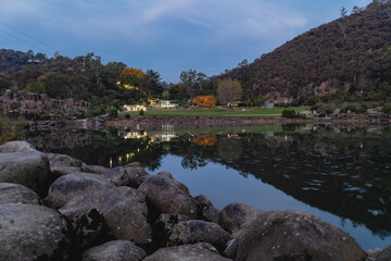 Fototapeta premium Peaceful lake in a gorge before first light