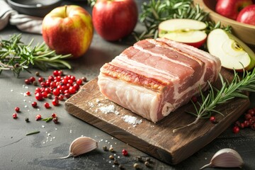 Fresh Culinary Ingredients with Pork Belly on Chopping Board