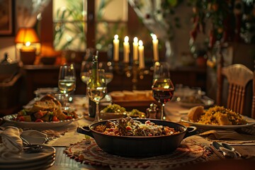 Rustic Gourmet Spread on Wooden Table with Candlelight