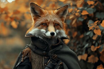 Mystical Anthropomorphic fox wearing noble. Wildlife animal dressed in aristocratic outfit. Generate ai - obrazy, fototapety, plakaty