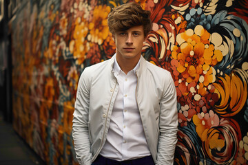 A model with a flawless and fashionable haircut, wearing casual and trendy clothing, posing against a graffiti-covered urban wall.