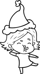 hand drawn line drawing of a girl pulling face wearing santa hat