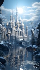 Beautiful fantasy landscape of a fantasy castle in a winter forest.