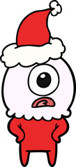 hand drawn line drawing of a cyclops alien spaceman wearing santa hat