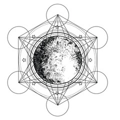 Metatron Cube. Moon pagan Wicca moon goddess symbol. Three-faced Goddess, Maiden, Mother, Crone isolated vector illustration. Tattoo, astrology, alchemy, boho and magic symbol. Coloring book. - 775861807