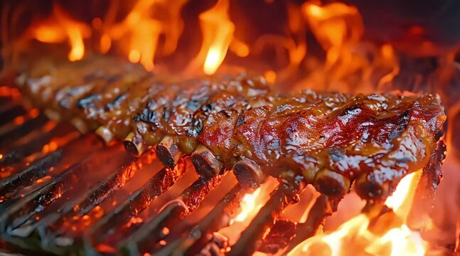 Meat on the grill with flames (mov) made with Ai generative technology