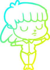 cold gradient line drawing of a cartoon indifferent woman