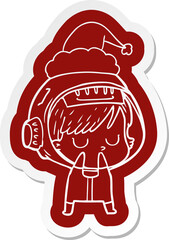 quirky cartoon  sticker of a astronaut woman wearing santa hat