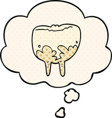 cartoon tooth with thought bubble in comic book style
