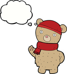 cartoon teddy bear in winter hat and scarf with thought bubble