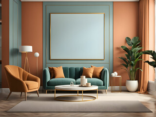 Mock-up poster frame in modern interior background, living room, Art Deco style, 3D render, 3D illustration
